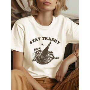 INAWLY Retro Funny Raccoon Print Short Sleeve T-Shirt Graphic Tees Women Tops